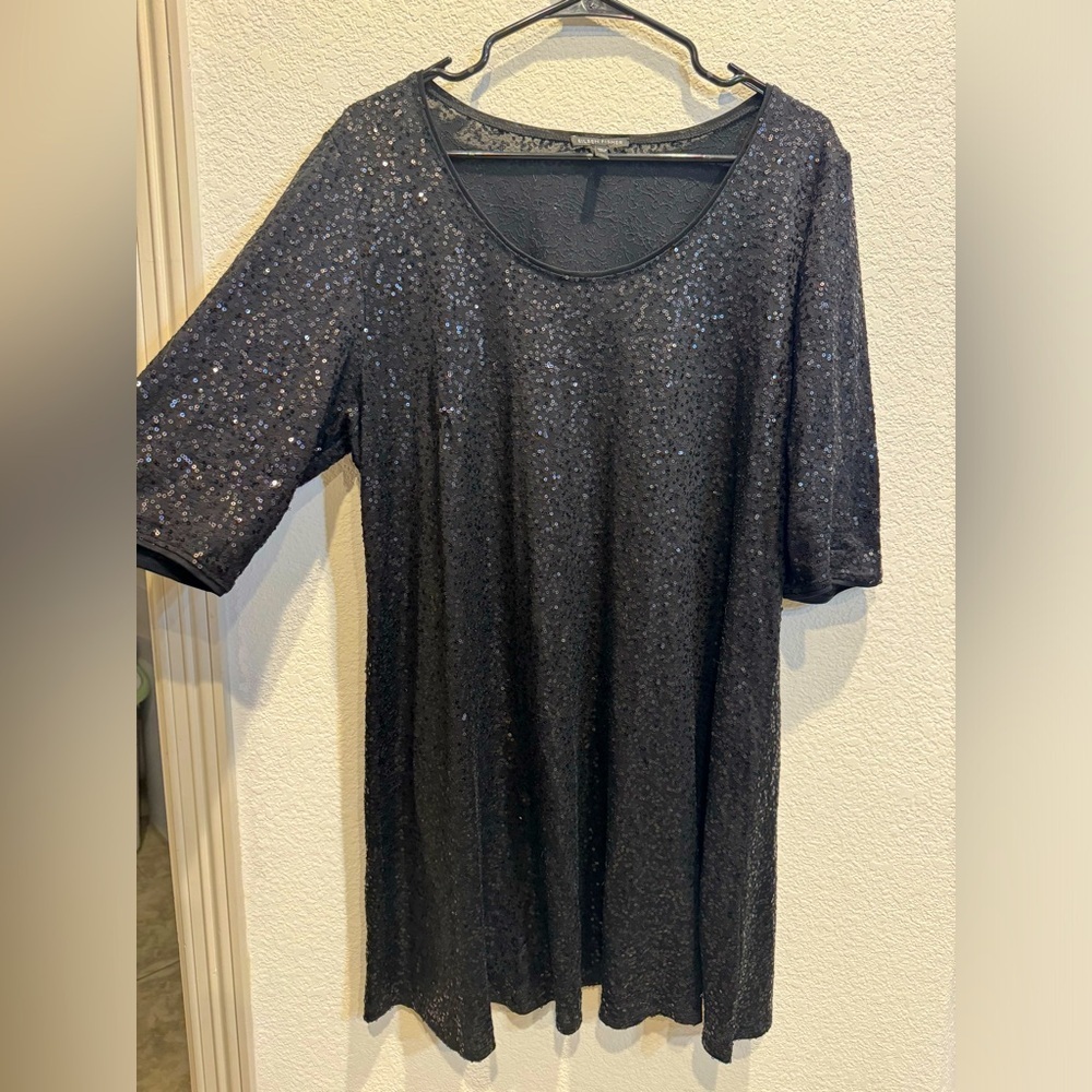 Eileen Fisher black mid sleeve full sequin mini dress - size XL